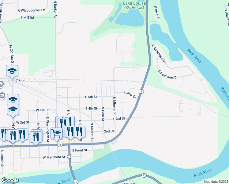 map of restaurants, bars, coffee shops, grocery stores, and more near 500 Luther Drive in Byron