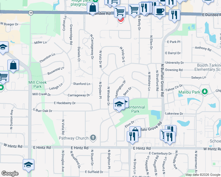 map of restaurants, bars, coffee shops, grocery stores, and more near 3014 North Windsor Drive in Arlington Heights