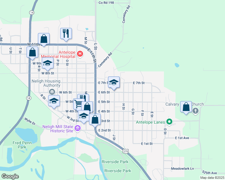 map of restaurants, bars, coffee shops, grocery stores, and more near 600 J Street in Neligh