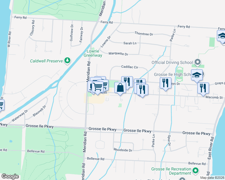 map of restaurants, bars, coffee shops, grocery stores, and more near 8890 Macomb Street in Wayne County