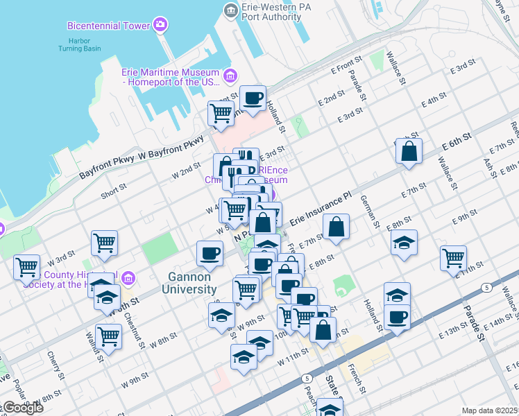 map of restaurants, bars, coffee shops, grocery stores, and more near 411 State Street in Erie