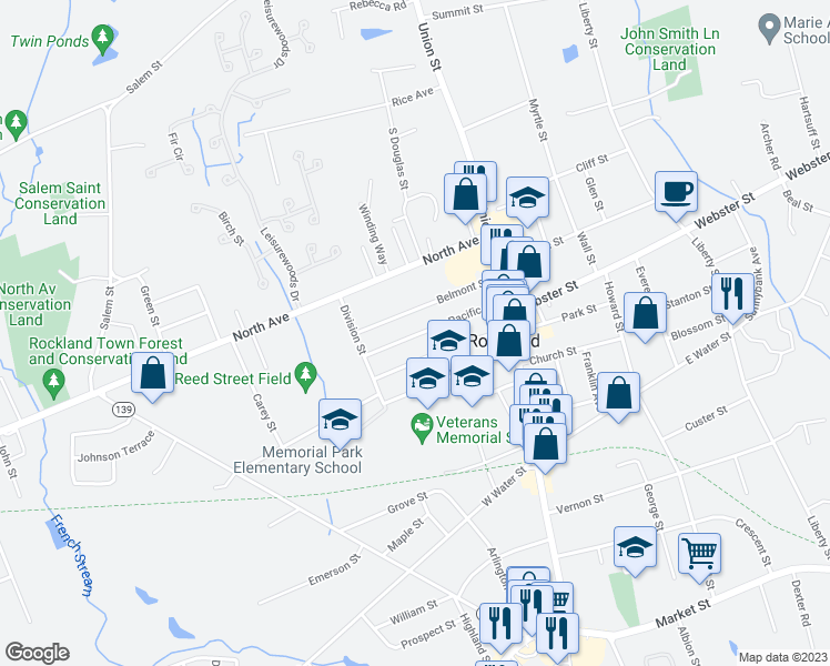 map of restaurants, bars, coffee shops, grocery stores, and more near 114 Pacific Street in Rockland