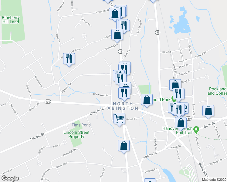 map of restaurants, bars, coffee shops, grocery stores, and more near 93 Temple Street in Abington