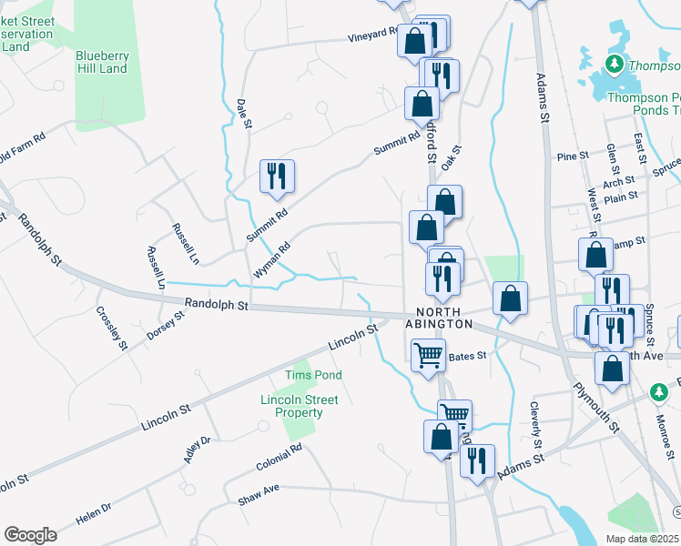 map of restaurants, bars, coffee shops, grocery stores, and more near 137 Randolph Street in Abington
