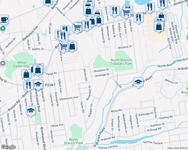 map of restaurants, bars, coffee shops, grocery stores, and more near 21 Jennings Street in Springfield