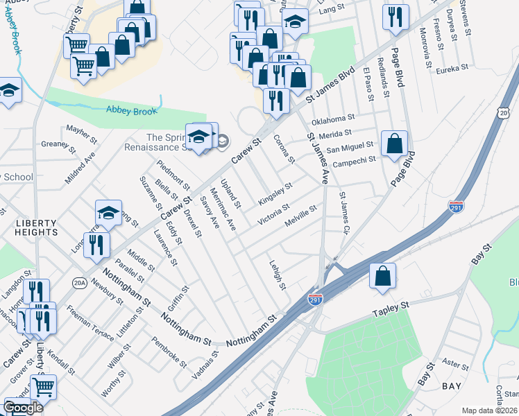 map of restaurants, bars, coffee shops, grocery stores, and more near 87 Upland Street in Springfield