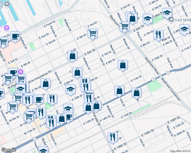 map of restaurants, bars, coffee shops, grocery stores, and more near 511 11 5 E 9 Street in Erie