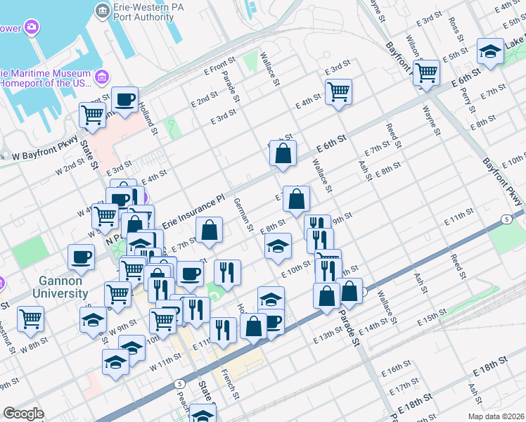 map of restaurants, bars, coffee shops, grocery stores, and more near 313 East 7th Street in Erie