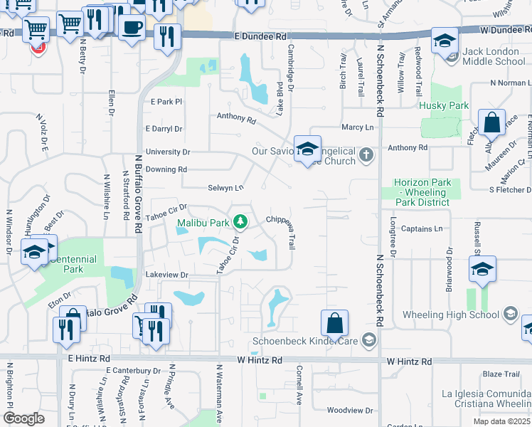 map of restaurants, bars, coffee shops, grocery stores, and more near 1512 Chippewa Trail in Wheeling