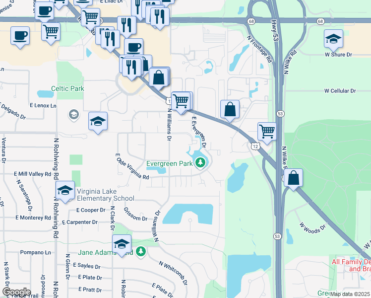 map of restaurants, bars, coffee shops, grocery stores, and more near 1102 East Prairie Brook Drive in Palatine