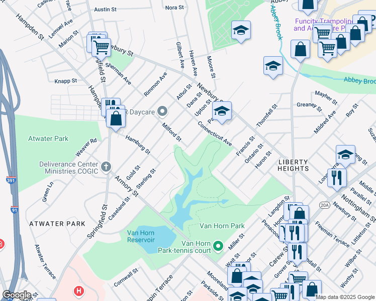 map of restaurants, bars, coffee shops, grocery stores, and more near 5 Park Road in Springfield