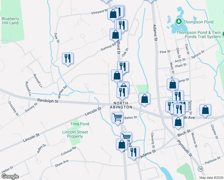 map of restaurants, bars, coffee shops, grocery stores, and more near 93 Temple Street in Abington