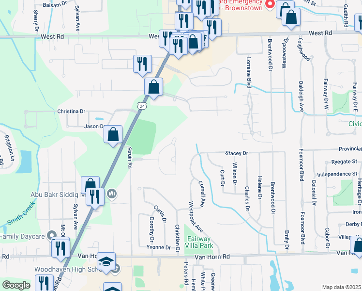 map of restaurants, bars, coffee shops, grocery stores, and more near 24266 Konarska Drive in Wayne County