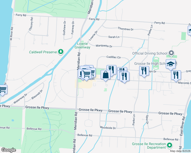 map of restaurants, bars, coffee shops, grocery stores, and more near 8890 Macomb Street in Grosse Ile Township