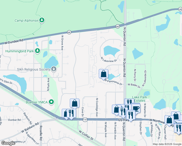 map of restaurants, bars, coffee shops, grocery stores, and more near 1066 North Knollwood Drive in Palatine
