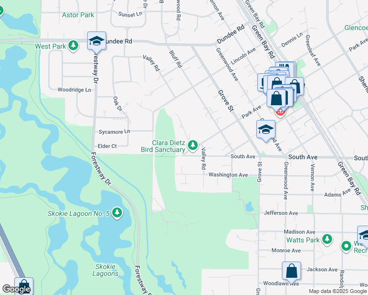 map of restaurants, bars, coffee shops, grocery stores, and more near 595 Park Avenue in Glencoe