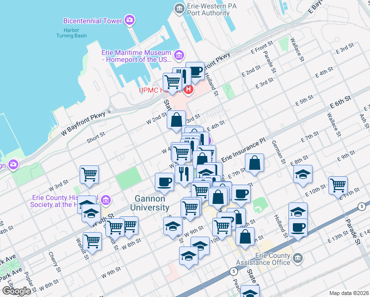 map of restaurants, bars, coffee shops, grocery stores, and more near 416 State Street in Erie