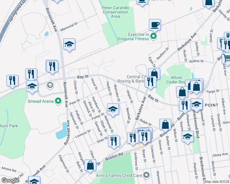 map of restaurants, bars, coffee shops, grocery stores, and more near 14 Crismer Place in Springfield