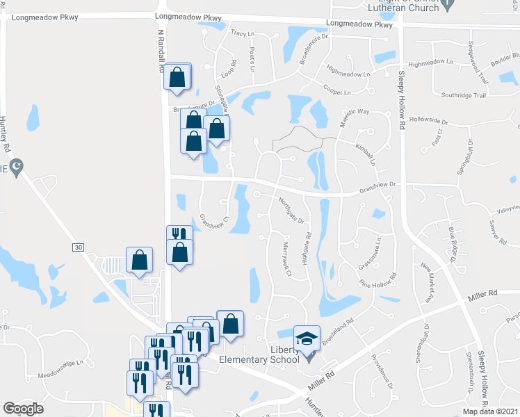 map of restaurants, bars, coffee shops, grocery stores, and more near 3602 Bradford Court in Carpentersville