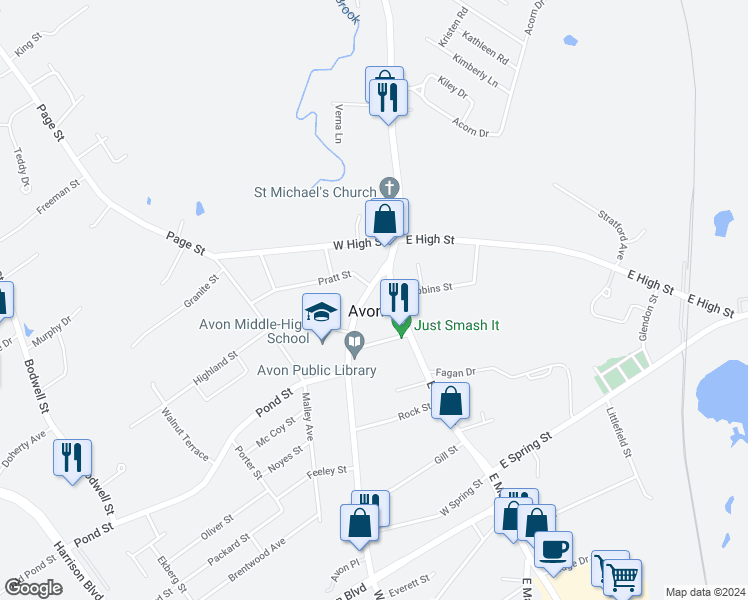 map of restaurants, bars, coffee shops, grocery stores, and more near in Avon