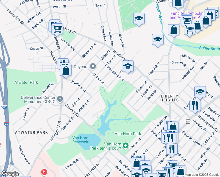 map of restaurants, bars, coffee shops, grocery stores, and more near 5 Park Road in Springfield