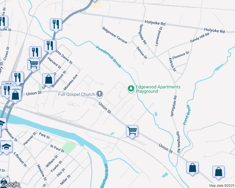 map of restaurants, bars, coffee shops, grocery stores, and more near 126 Union Street in Westfield