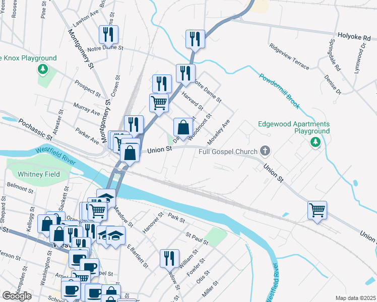 map of restaurants, bars, coffee shops, grocery stores, and more near 57 Union Street in Westfield