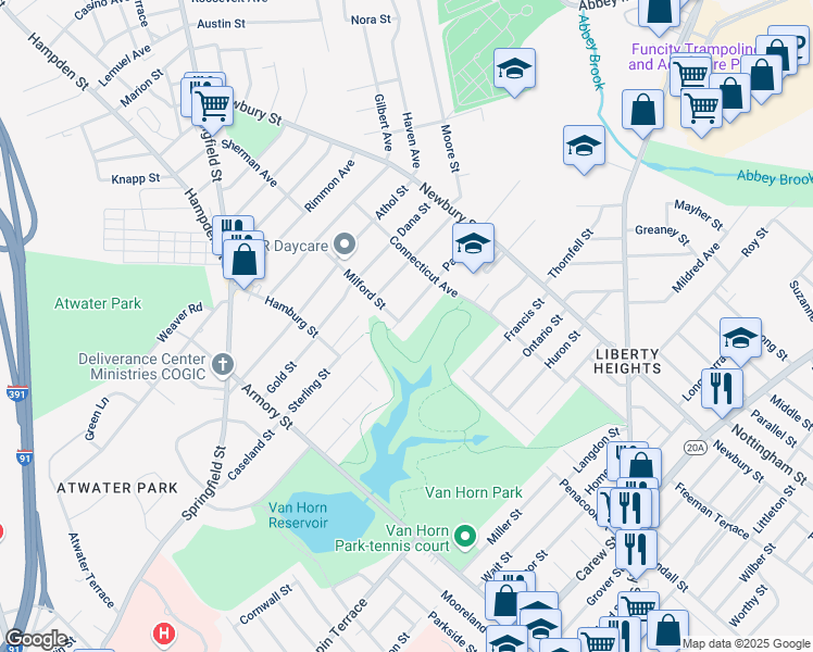 map of restaurants, bars, coffee shops, grocery stores, and more near 5 Park Road in Springfield