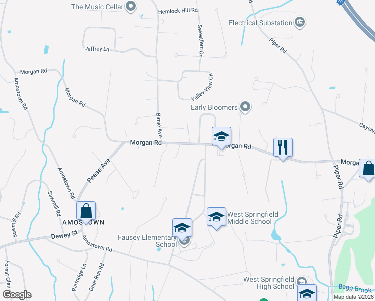 map of restaurants, bars, coffee shops, grocery stores, and more near 667 Morgan Road in West Springfield