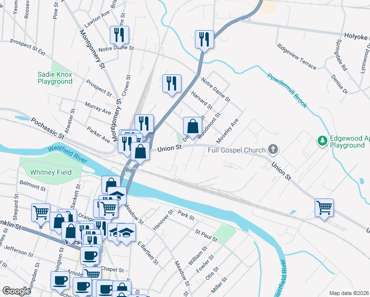 map of restaurants, bars, coffee shops, grocery stores, and more near 49 Union Street in Westfield