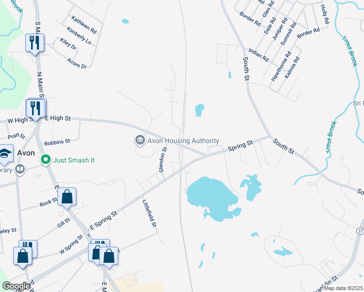 map of restaurants, bars, coffee shops, grocery stores, and more near 271 East High Street in Avon