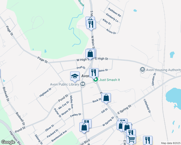 map of restaurants, bars, coffee shops, grocery stores, and more near 21 East Main Street in Avon
