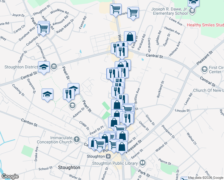 map of restaurants, bars, coffee shops, grocery stores, and more near 37 Rose Glen Street in Stoughton