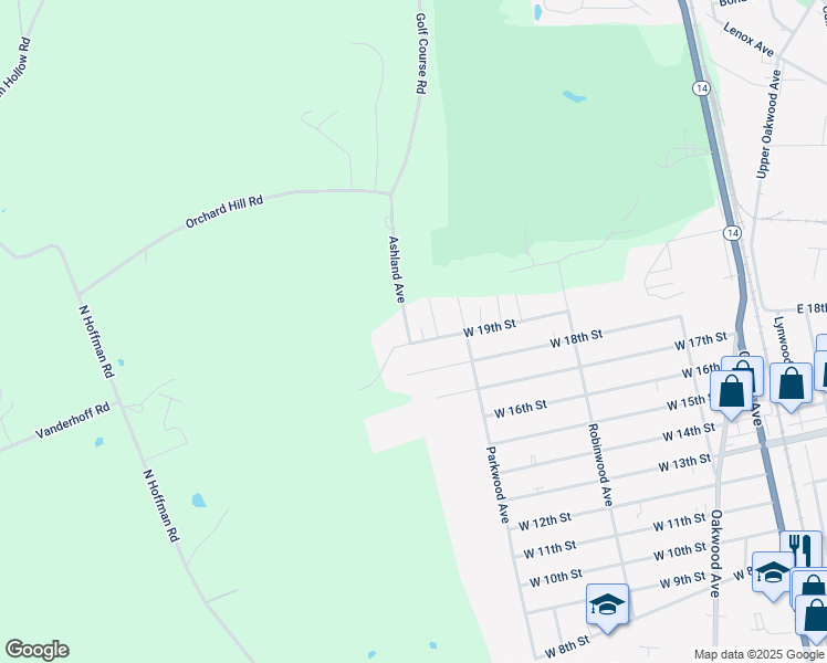 map of restaurants, bars, coffee shops, grocery stores, and more near 317 West 19th Street in Elmira