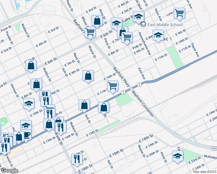 map of restaurants, bars, coffee shops, grocery stores, and more near 1122 Wayne Street in Erie