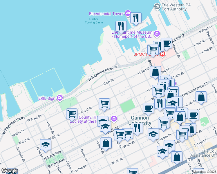map of restaurants, bars, coffee shops, grocery stores, and more near 214 Myrtle Street in Erie
