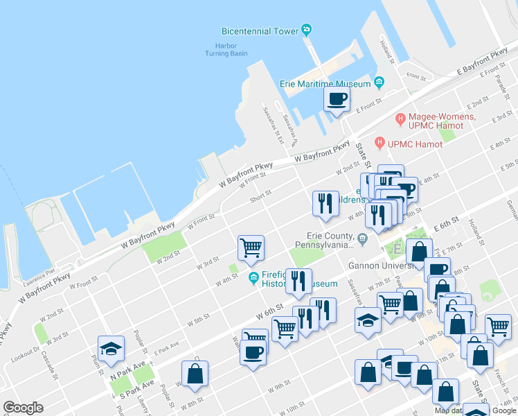 map of restaurants, bars, coffee shops, grocery stores, and more near 214 Myrtle Street in Erie