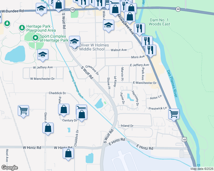 map of restaurants, bars, coffee shops, grocery stores, and more near 470 Stone Place in Wheeling