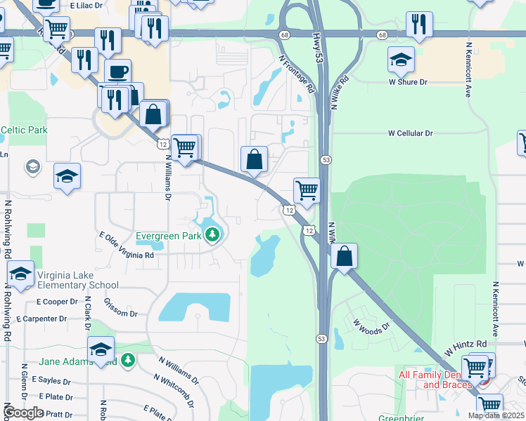 map of restaurants, bars, coffee shops, grocery stores, and more near 1044 North Claremont Drive in Palatine