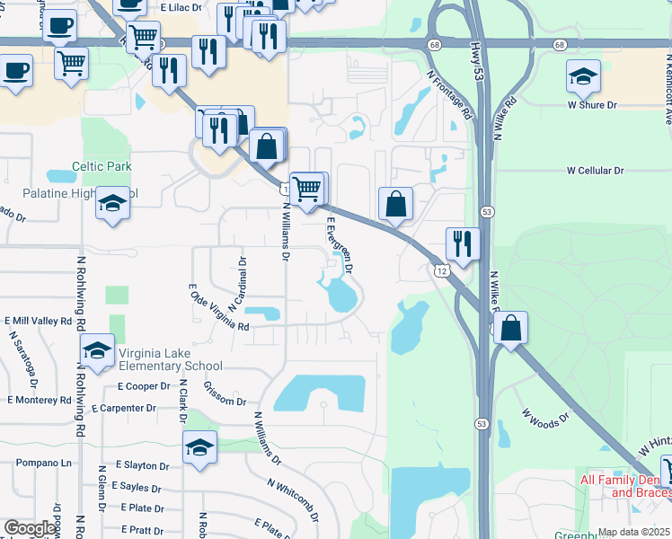map of restaurants, bars, coffee shops, grocery stores, and more near 1102 East Prairie Brook Drive in Palatine