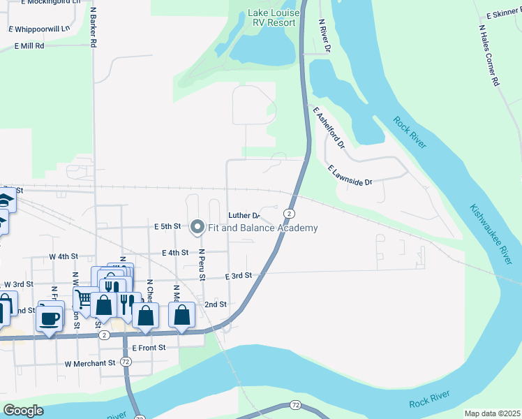 map of restaurants, bars, coffee shops, grocery stores, and more near 625 Luther Drive in Byron