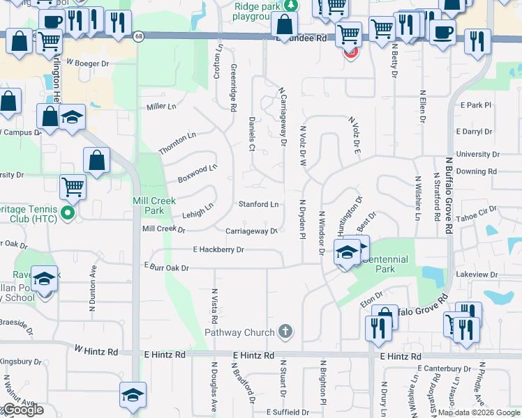 map of restaurants, bars, coffee shops, grocery stores, and more near 6 Ashford Court in Buffalo Grove