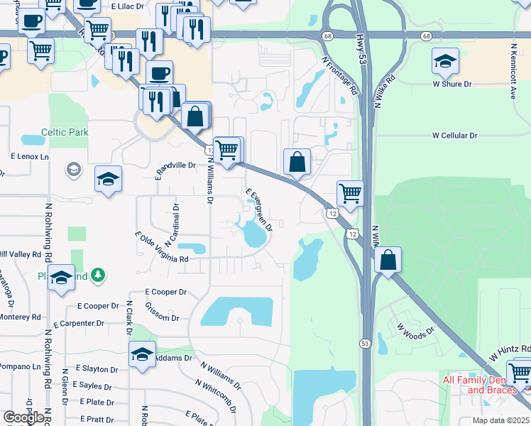 map of restaurants, bars, coffee shops, grocery stores, and more near 1445 East Evergreen Drive in Palatine