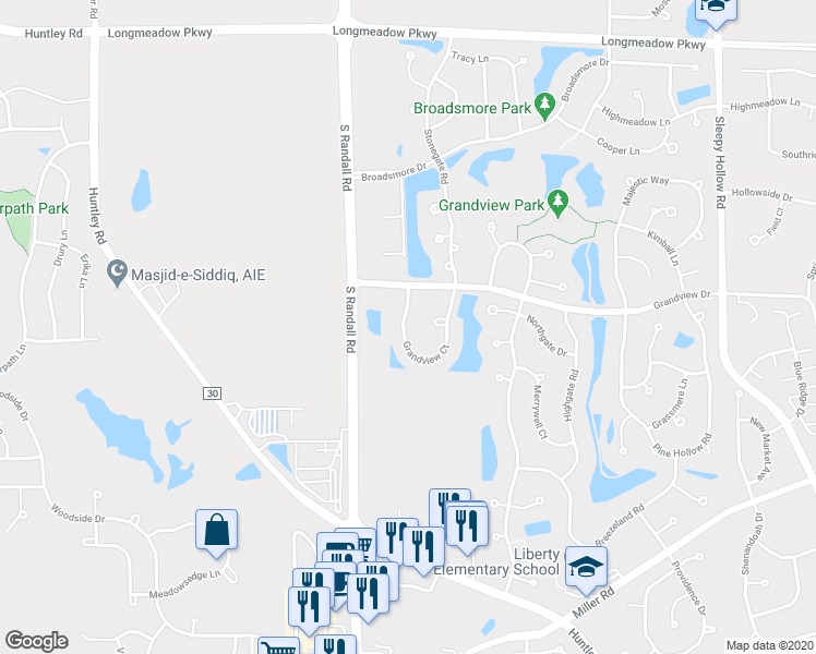 map of restaurants, bars, coffee shops, grocery stores, and more near 7424 Grandview Court in Carpentersville