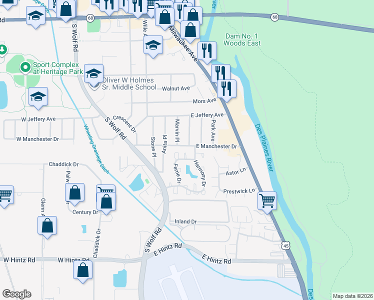 map of restaurants, bars, coffee shops, grocery stores, and more near 399 Ferne Drive in Wheeling