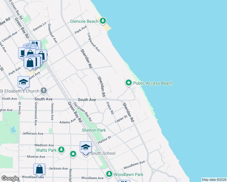 map of restaurants, bars, coffee shops, grocery stores, and more near 124 Dell Place in Glencoe