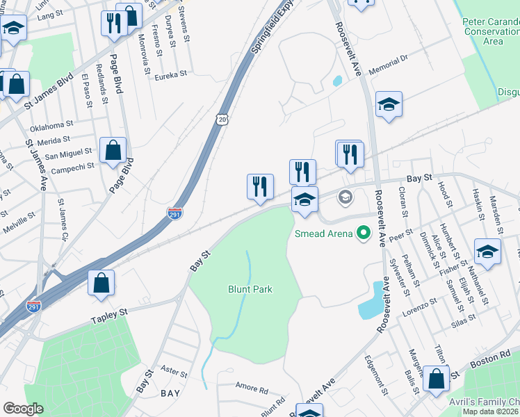 map of restaurants, bars, coffee shops, grocery stores, and more near 950 Bay Street in Springfield