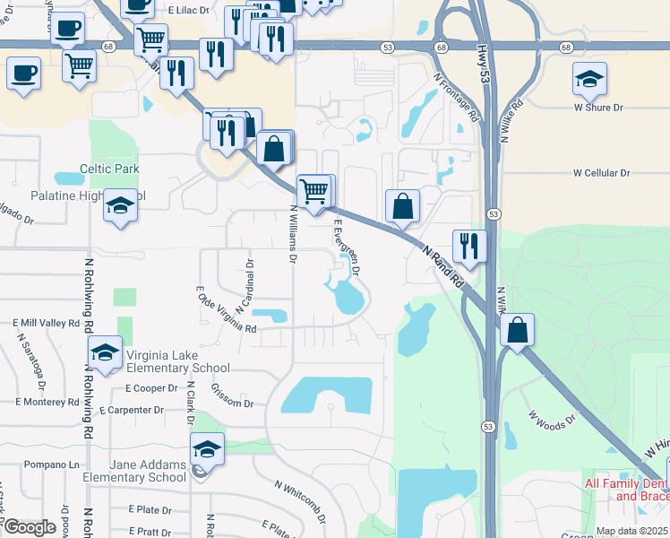 map of restaurants, bars, coffee shops, grocery stores, and more near 1212 East Prairie Brook Drive in Palatine