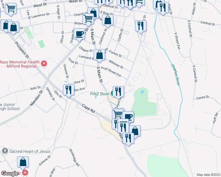 map of restaurants, bars, coffee shops, grocery stores, and more near 13 Pouliot Street in Milford