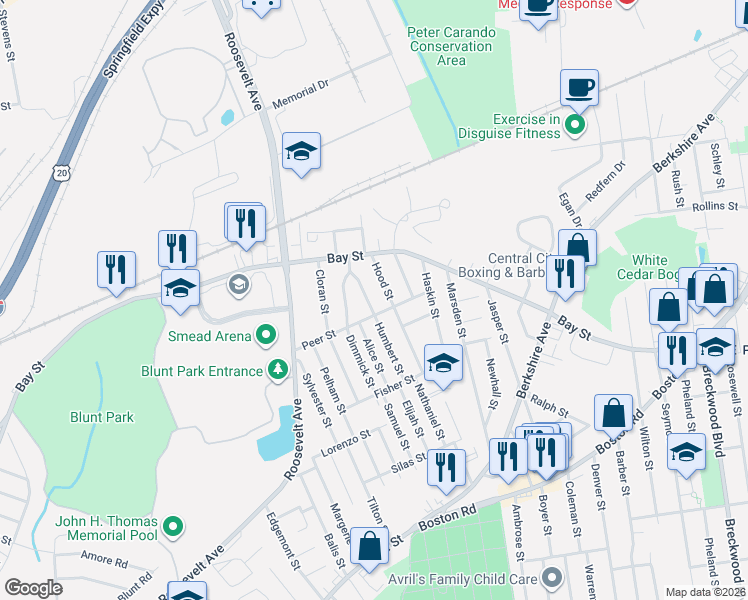map of restaurants, bars, coffee shops, grocery stores, and more near 77 West Bay Path Terrace in Springfield